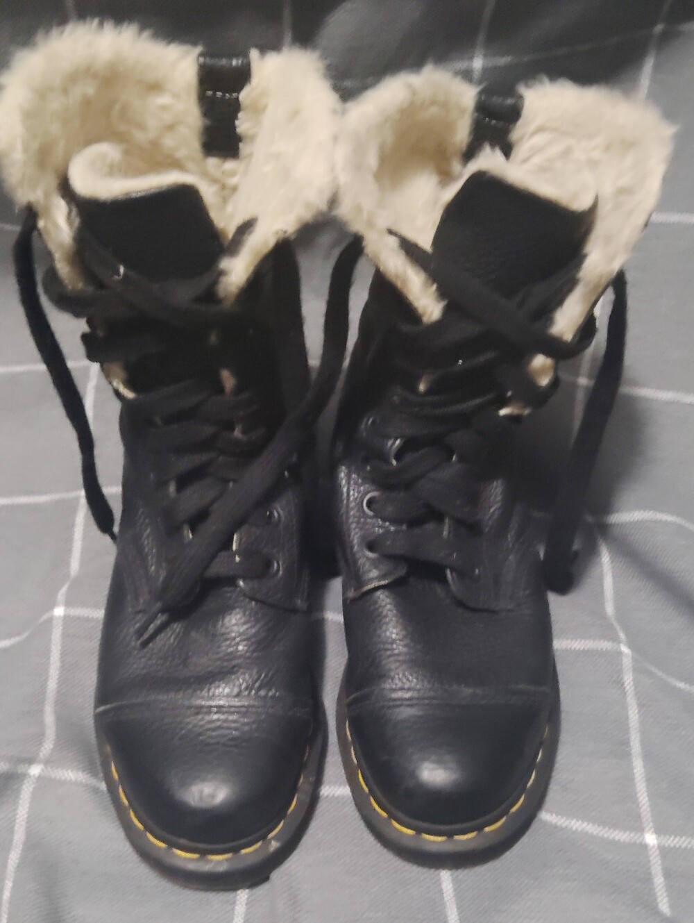 Dr. Martens Black Lace-Up Boots with Cream Faux-Fur Lining